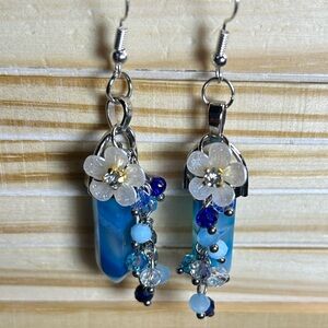 3/$25 Blue Floral Dangle Crystal Point Earrings